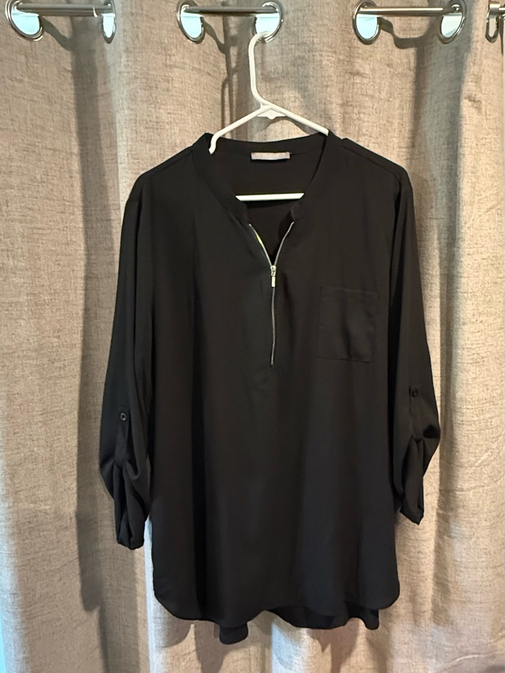 Women's Black Zip-Front Blouse - Lightweight Convertible Long/Short Sleeve
